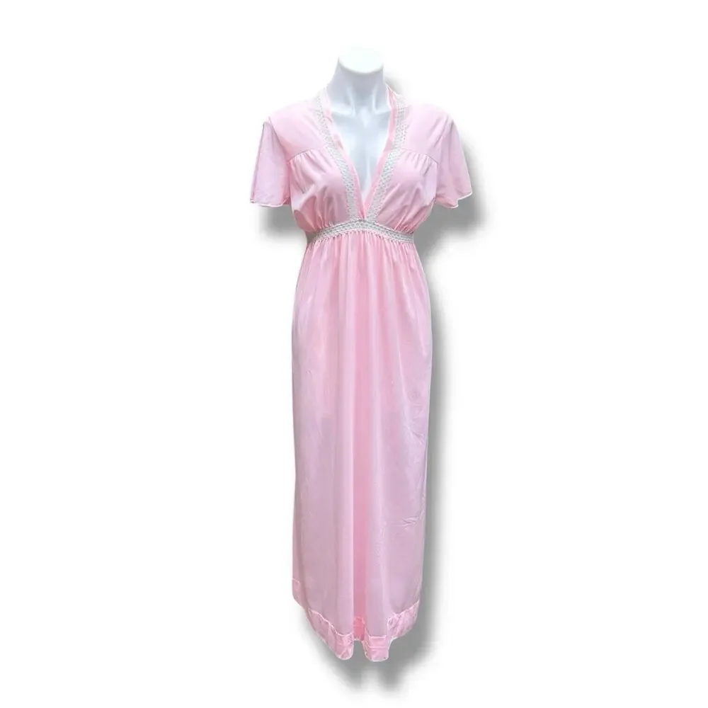 Vintage Rutledge Nightgown Pink Deep V Maxi Coquette Flutter Sleeves Womens Sz L - Picture 8 of 13